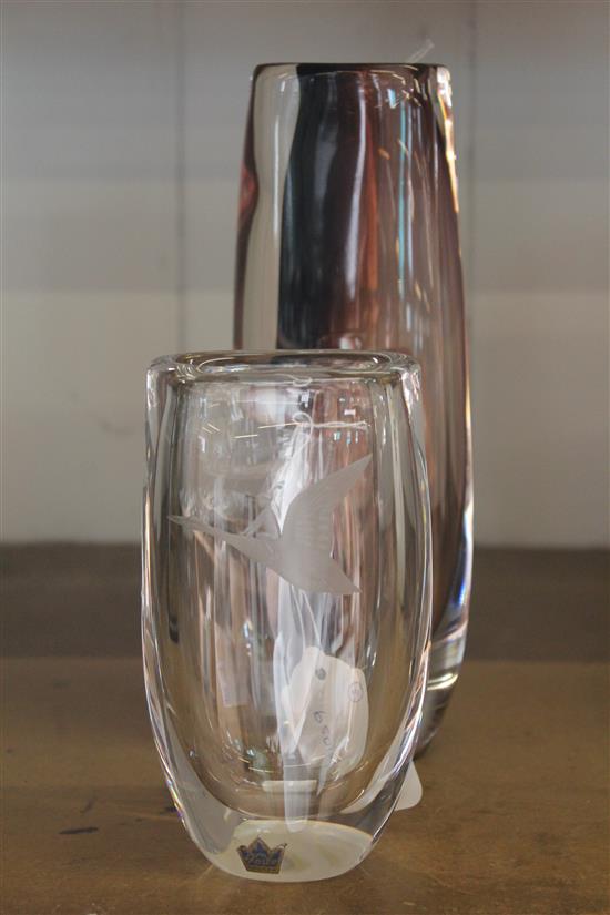 Vicke Lindstrand for Kosta, a glass vase engraved with a girl riding a swan & a Kosta Sommerso vase(-)